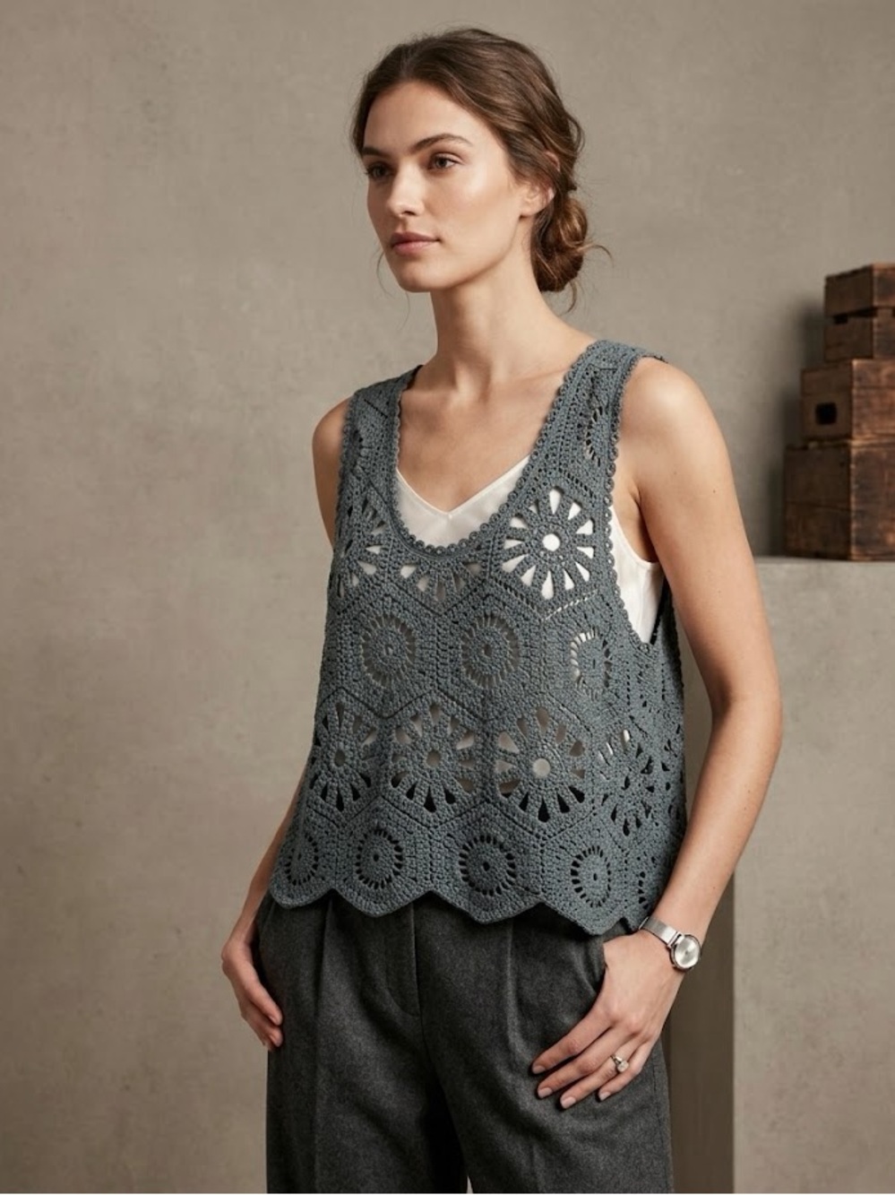 Adora Gray Crochet Boho Oversized Top One Size NWT